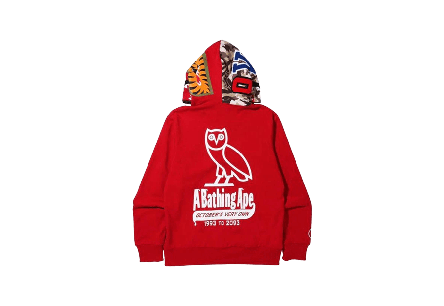 BAPE OVO Woodland Camo Shark Reversible Full Zip Hoodie - Red